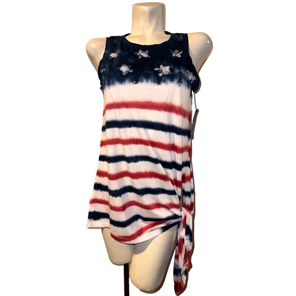 Chaps Womens Patriotic Stars Stripes Tie Dye Side Tie Tank Top Red White Blue M